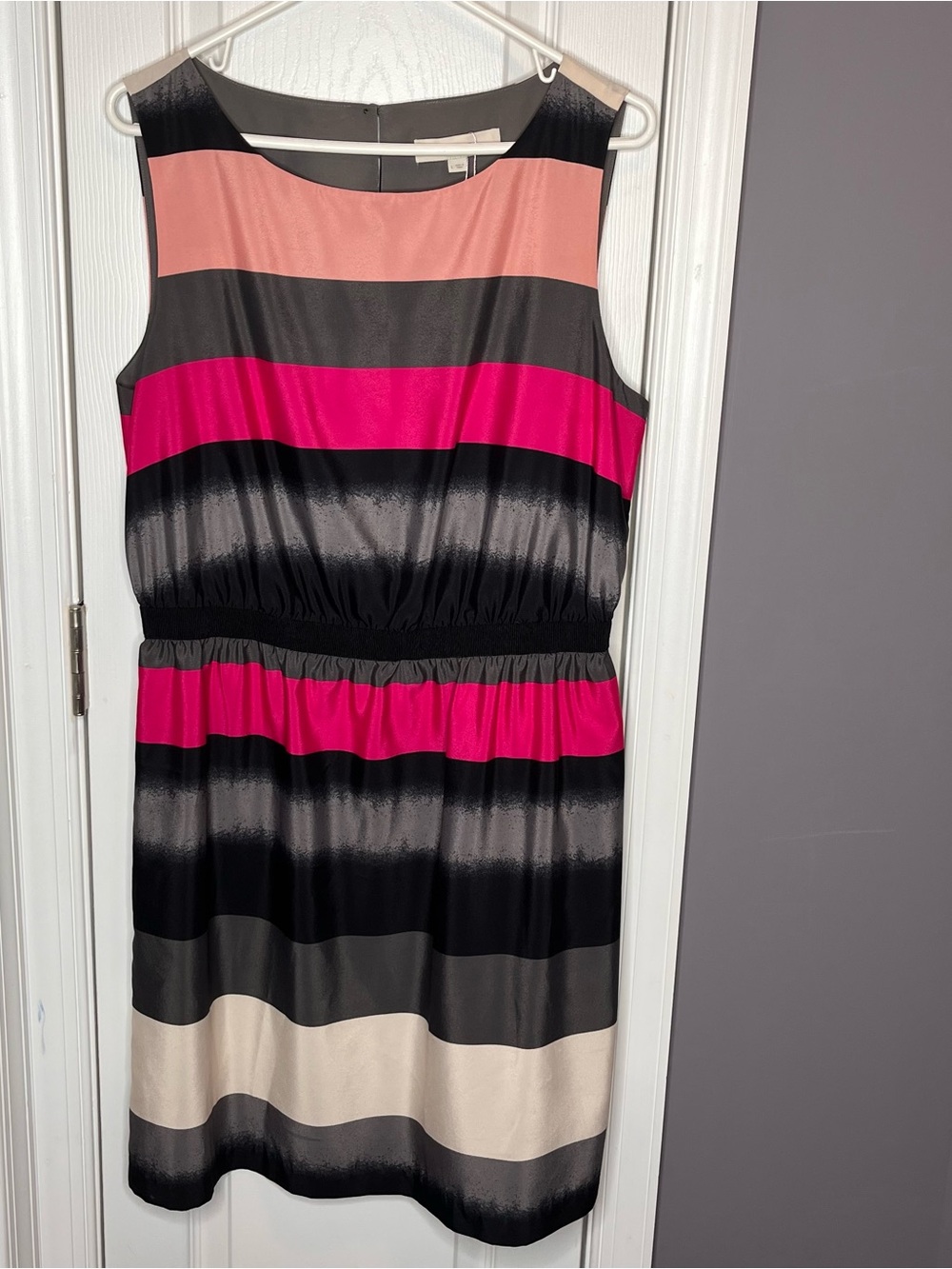 Loft Sleeveless Striped Summer Dress in Pink, Black & Cream